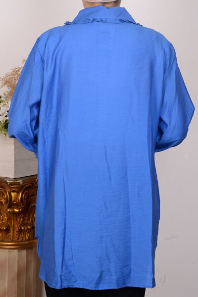 New Face 5220 Mavi Kadın Geniş Yaka Yakası Fırfırlı Yakası Bağcık Detaylı Önden Düğmeli Gömlek