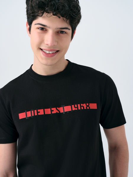 Loft 2038693 Siyah Erkek Bisiklet Yaka Göğüsten Yazı Detaylı T-Shirt