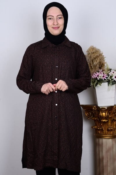 Ferace 8929-1 Kahverengi Kadın Rahat Kesim Büyük Beden Düğmeli Viskon Yaprak Desenli Tunik