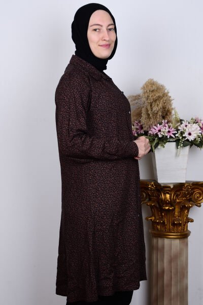 Ferace 8929-1 Kahverengi Kadın Rahat Kesim Büyük Beden Düğmeli Viskon Yaprak Desenli Tunik