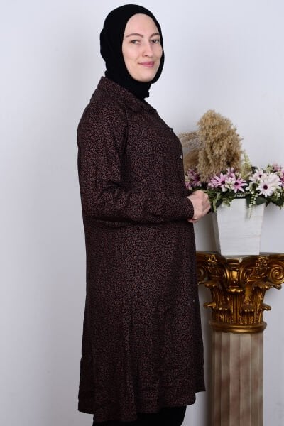 Ferace 8929-1 Kahverengi Kadın Rahat Kesim Büyük Beden Düğmeli Viskon Yaprak Desenli Tunik