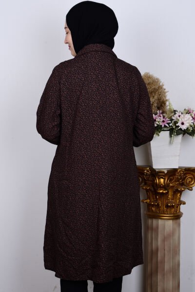 Ferace 8929-1 Kahverengi Kadın Rahat Kesim Büyük Beden Düğmeli Viskon Yaprak Desenli Tunik