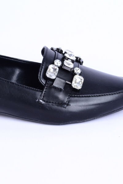 Ayakmod 354132 Z Deri Taş Detaylı Rahat Taban Düz Topuklu Siyah Günlük Kadın Babet