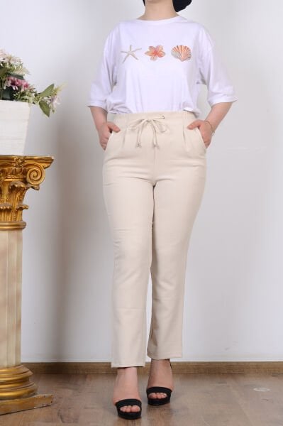 Armine 25KT205 Bej Kadın Beli Lasrikli Havuç Kesim Kumaş Pantolon