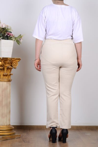 Armine 25KT205 Bej Kadın Beli Lasrikli Havuç Kesim Kumaş Pantolon
