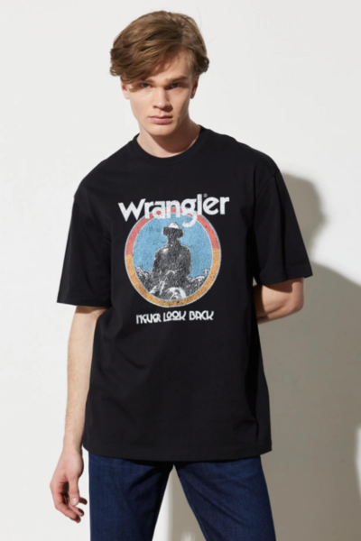 Wrangler W7CBEE100 Siyah Önü Baskılı Bisiklet Yaka Erkek T-shirt