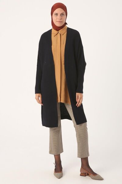 Allday BTW93093 Lacivert Kadın Altıgen Kol Detaylı Sünger Görünümlü Hırka