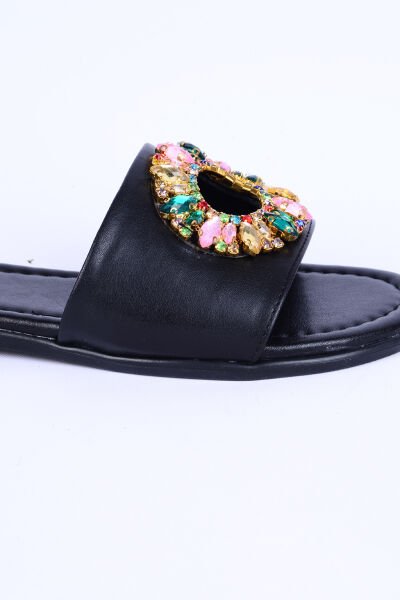 Ayakmod 246017 Z Deri Taşlı İnce Rahat Taban Siyah Günlük Kadın Terlik