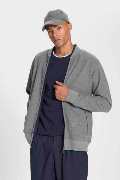 Altınyıldız ACE542510148 Gri Melanj Erkek Triko Kolej Yaka Fermuarlı Hırka