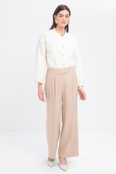 Allday S77120A0 Bej Kadın Elegance Palazo Pileli Geniş Paça Pantolon
