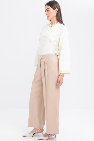 Allday S77120A0 Bej Kadın Elegance Palazo Pileli Geniş Paça Pantolon