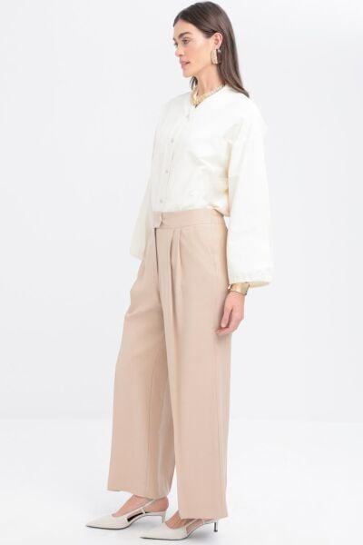 Allday S77120A0 Bej Kadın Elegance Palazo Pileli Geniş Paça Pantolon