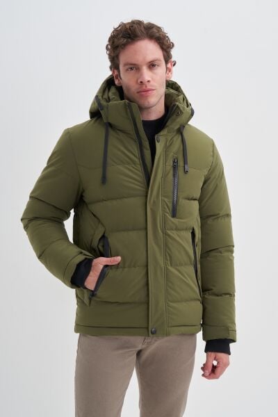 Cazador 24KCEED01060 Haki Erkek İpli Kapüşonlu Çok Cepli Şişme Mont