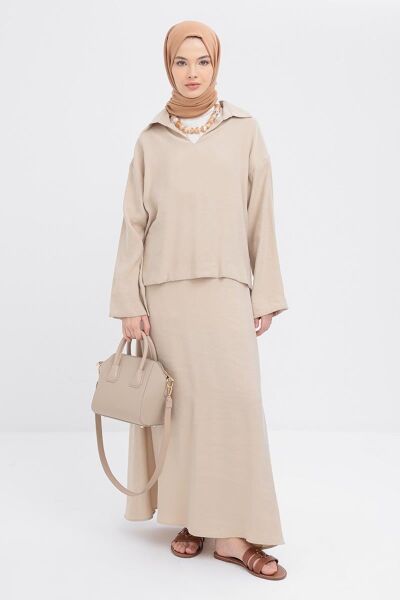 Allday S32037A0 Bej Kadın V Yakalı Modal Etekli Takım