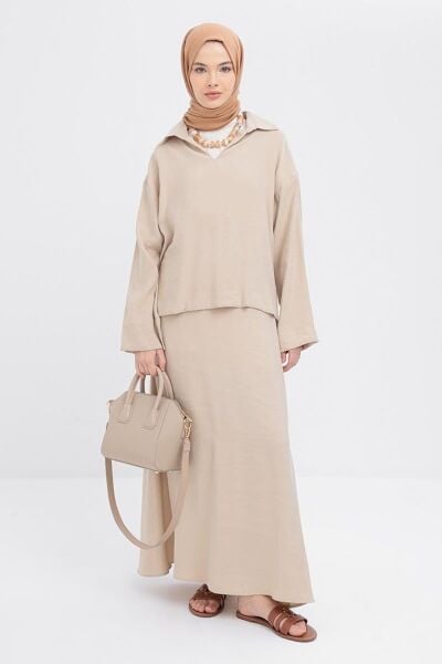 Allday S32037A0 Bej Kadın V Yakalı Modal Etekli Takım