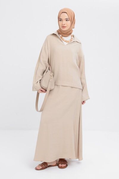 Allday S32037A0 Bej Kadın V Yakalı Modal Etekli Takım