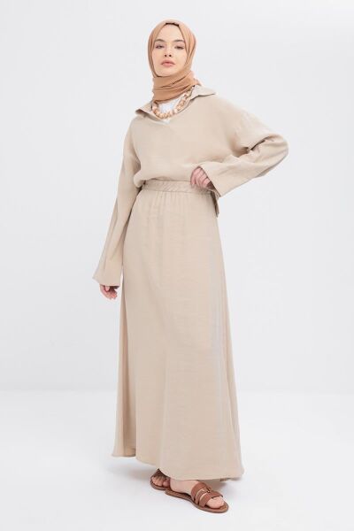 Allday S32037A0 Bej Kadın V Yakalı Modal Etekli Takım