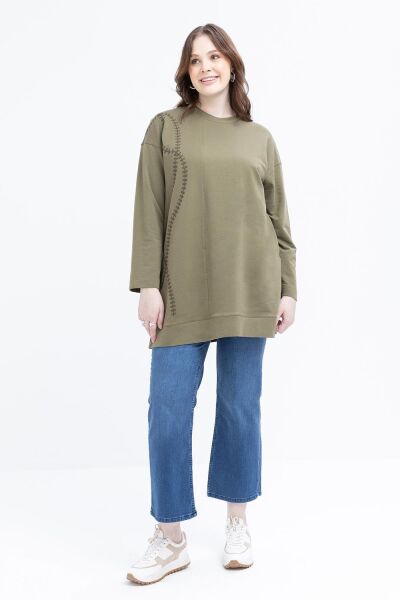 Allday S50257A9 Haki Kadın Nakışlı Bisiklet Yaka Tunik