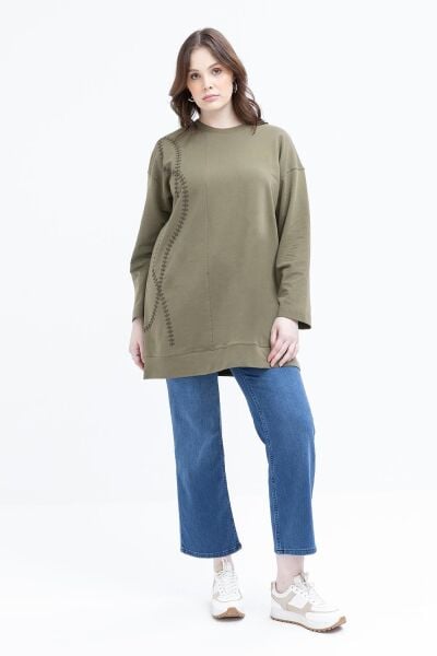 Allday S50257A9 Haki Kadın Nakışlı Bisiklet Yaka Tunik