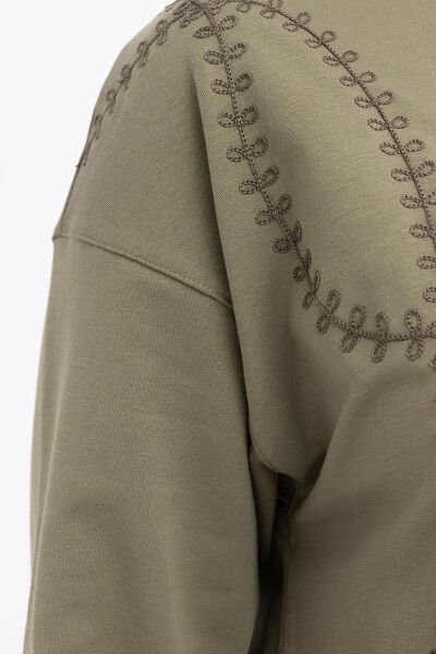 Allday S50257A9 Haki Kadın Nakışlı Bisiklet Yaka Tunik