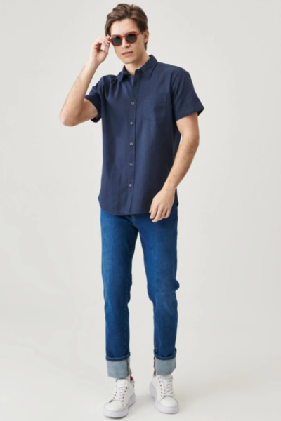 Wrangler W5J7LO114 Lacivert Önü Cepli Kısa Kollu Erkek Gömlek