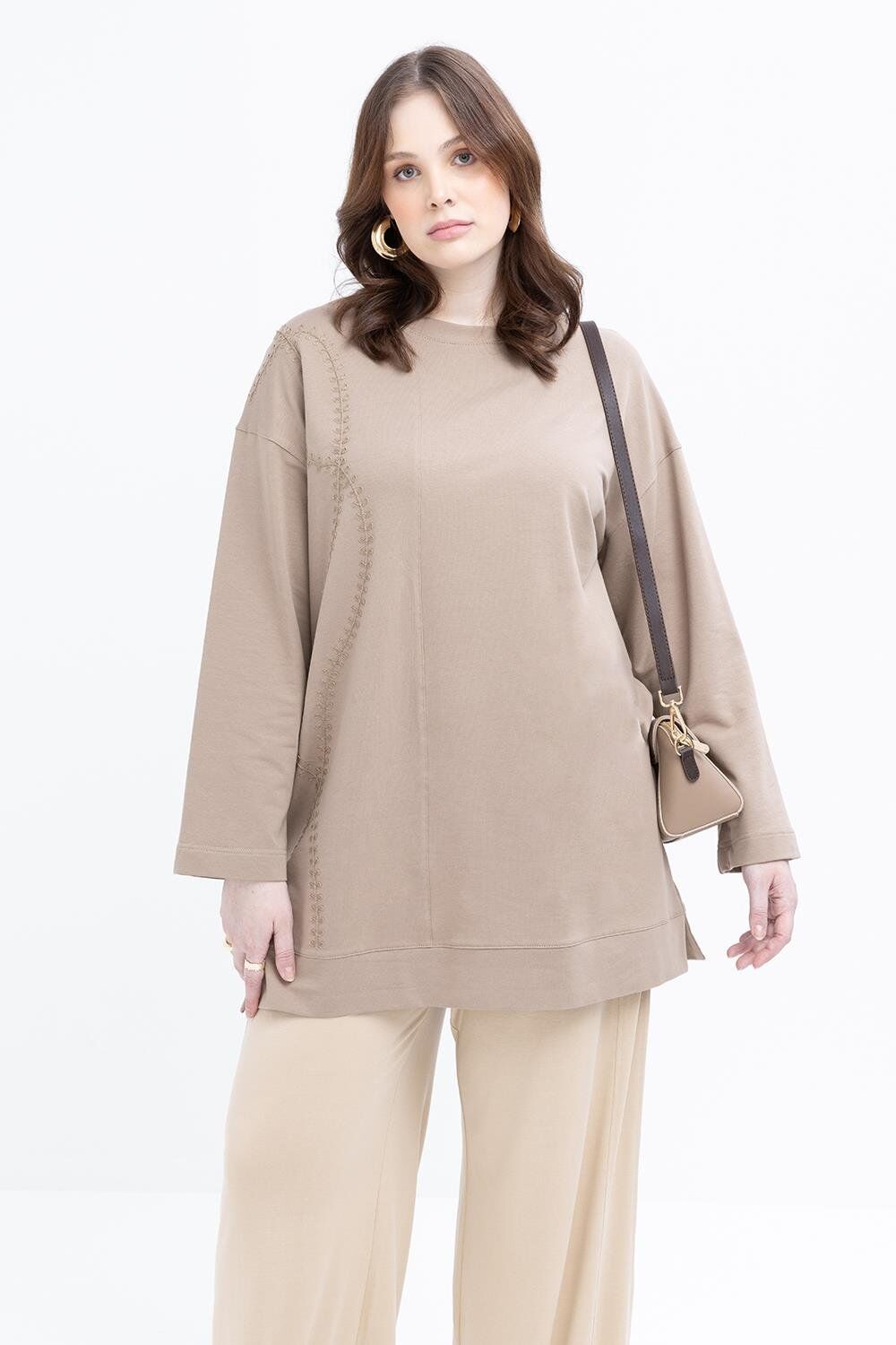 Allday S50257A9 Vizon Kadın Nakışlı Bisiklet Yaka Tunik