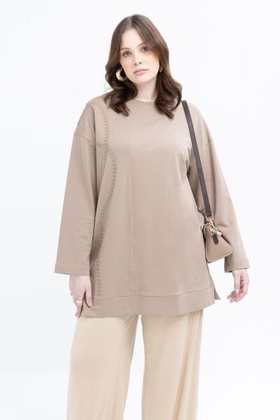 Allday S50257A9 Vizon Kadın Nakışlı Bisiklet Yaka Tunik