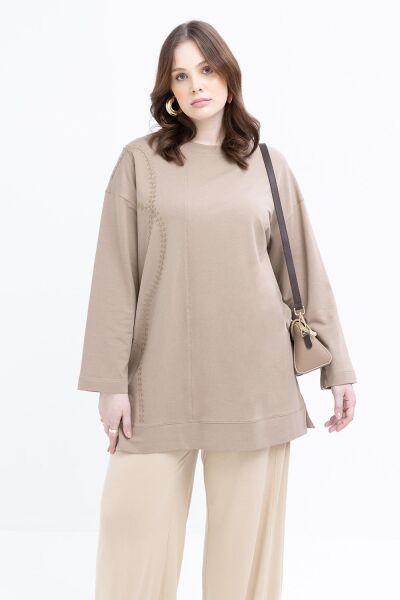 Allday S50257A9 Vizon Kadın Nakışlı Bisiklet Yaka Tunik