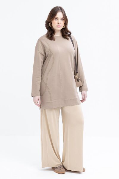 Allday S50257A9 Vizon Kadın Nakışlı Bisiklet Yaka Tunik