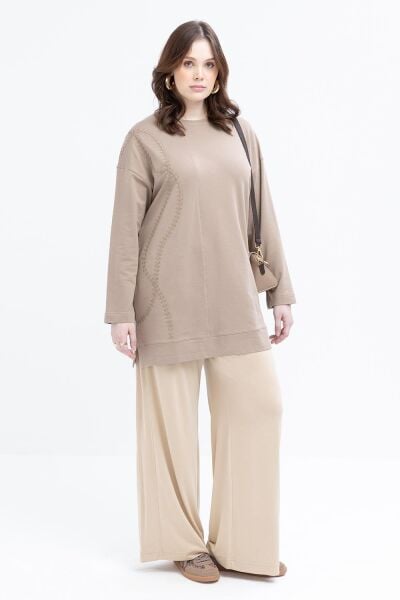 Allday S50257A9 Vizon Kadın Nakışlı Bisiklet Yaka Tunik