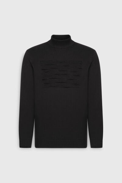 Altınyıldız ACE492510198 Siyah Erkek Yarım Balıkcı Göğüsten Çizgi Detaylı Triko Kazak