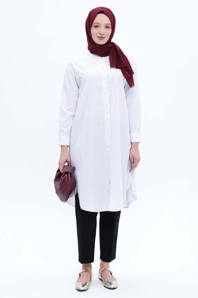 Allday 24DS51253AL0 Beyaz Kadın Pamuklu Çizgili Poplin Gömlek Tunik