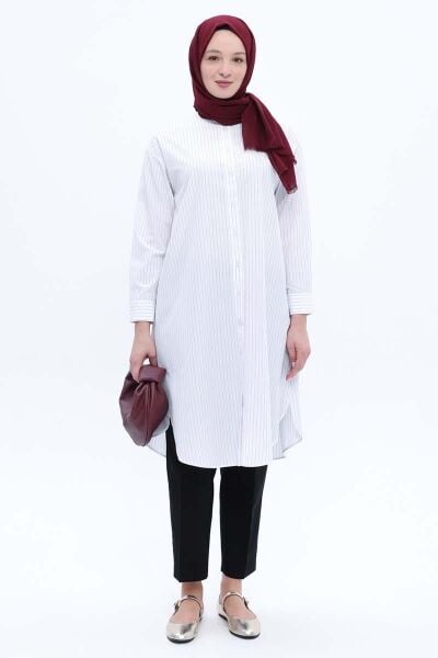 Allday 24DS51253AL0 Beyaz Kadın Pamuklu Çizgili Poplin Gömlek Tunik