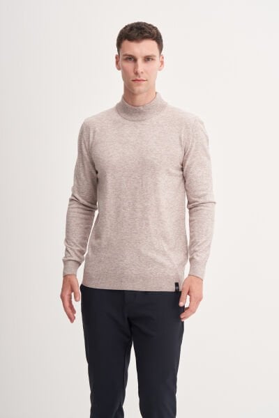 Cazador 33255 Bej Melanj Erkek Yarım Balıkçı Yaka Yün Karışımlı Triko Kazak