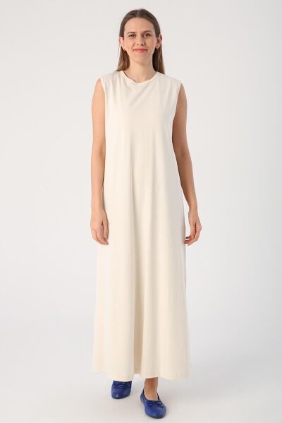 Allday BOX60019AL3 Ekru Kadın Pamuklu Bisiklet Yaka Kolsuz İçlik Elbise