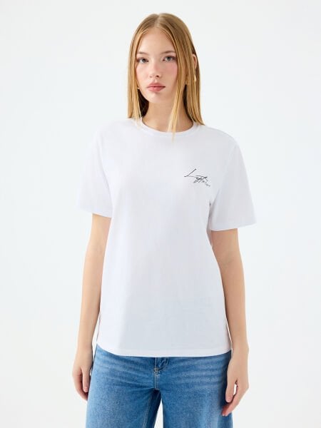 Loft LF2039163 Beyaz Kadın Baskılı Bisiklet Yaka T-shirt