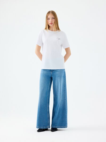 Loft LF2039163 Beyaz Kadın Baskılı Bisiklet Yaka T-shirt