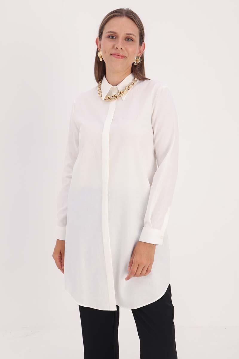Allday BDX51007K Ekru Kadın Gizli Düğme Detaylı Uzun Gömlek