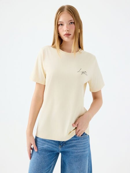 Loft LF2039163 Bej Kadın Baskılı Bisiklet Yaka T-shirt