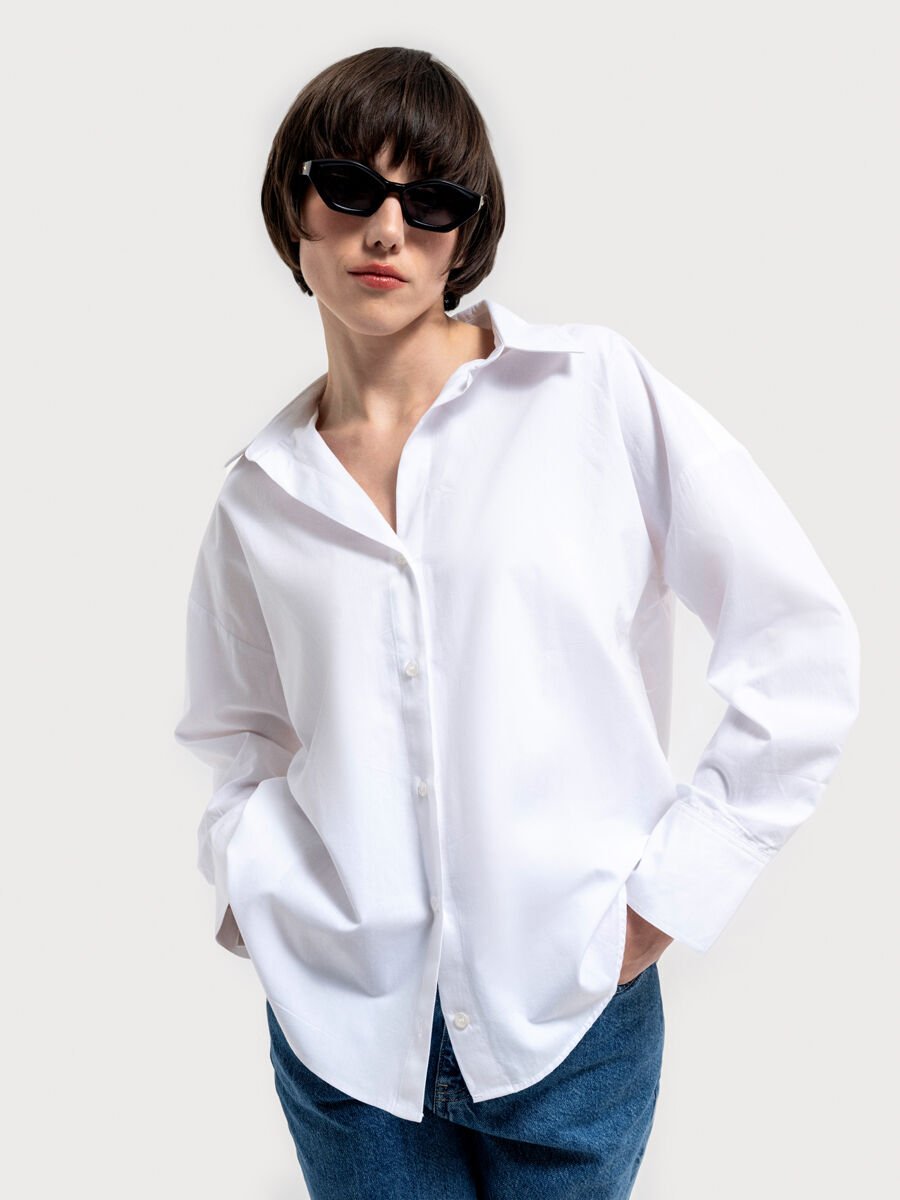 Loft LF2036553 Beyaz Kadın Regular Fit Normal Yaka Önü Düğmeli Normal Kesim %100 Pamuk Uzun Kol Gömlek