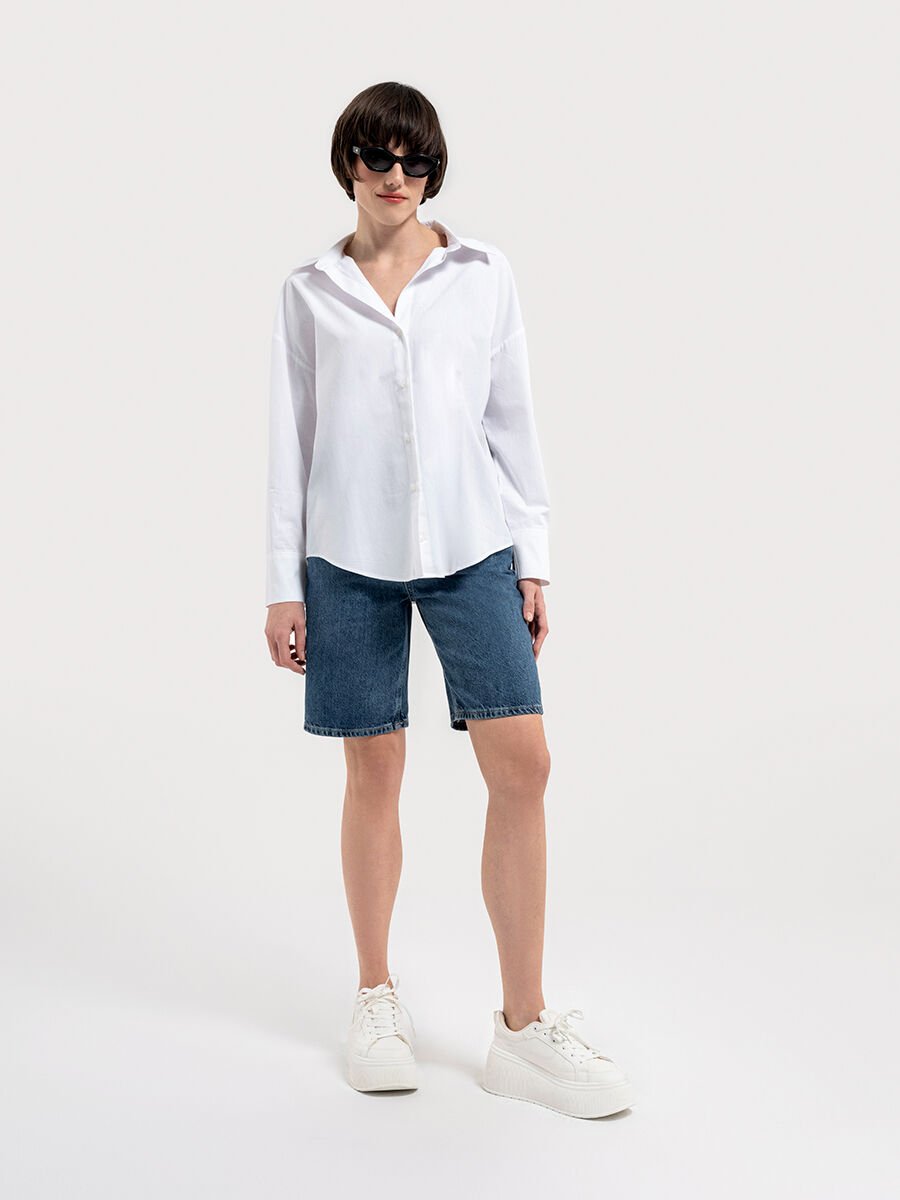 Loft LF2036553 Beyaz Kadın Regular Fit Normal Yaka Önü Düğmeli Normal Kesim %100 Pamuk Uzun Kol Gömlek