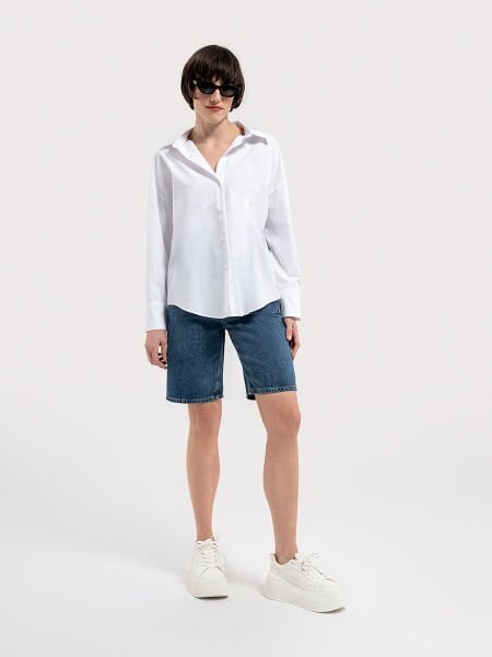 Loft LF2036553 Beyaz Kadın Regular Fit Normal Yaka Önü Düğmeli Normal Kesim %100 Pamuk Uzun Kol Gömlek