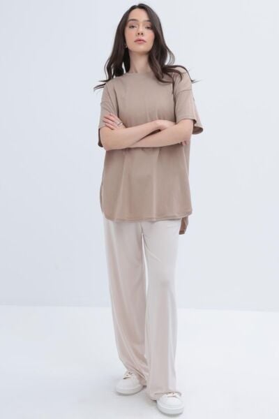 Allday S16030A0 Bej Kadın Kısa Kollu Yırtmaçlı T-Shirt