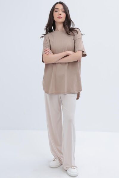 Allday S16030A0 Bej Kadın Kısa Kollu Yırtmaçlı T-Shirt