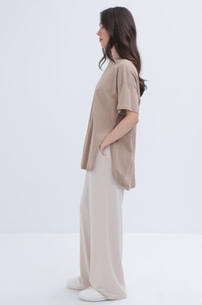 Allday S16030A0 Bej Kadın Kısa Kollu Yırtmaçlı T-Shirt