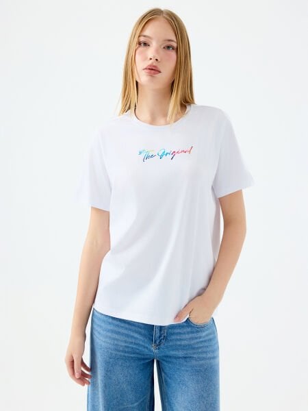 Loft  LF2039154 Beyaz Kadın Önü Yazılı %100 Pamuk Bisiklet Yaka T-shirt