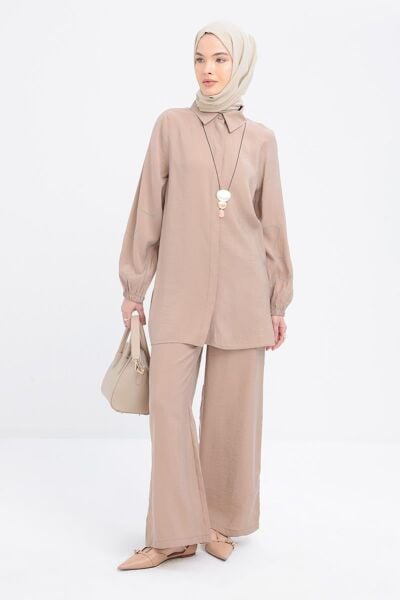 Allday S51321A0 Vizon Kadın Zincir Nakışlı Kolu Lastikli Modal Gömlek Tunik