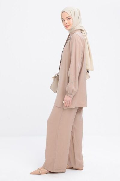 Allday S51321A0 Vizon Kadın Zincir Nakışlı Kolu Lastikli Modal Gömlek Tunik