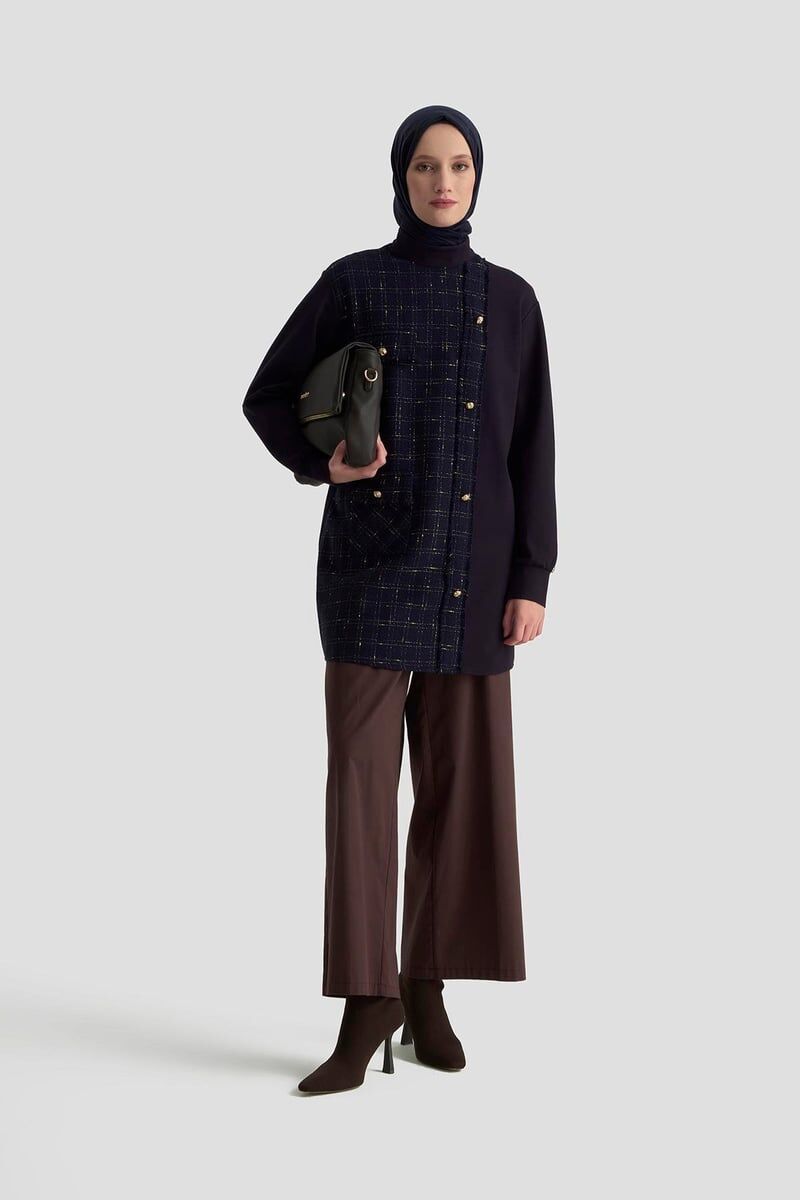 Armine 25KT415 Lacivert Kadın Dokuma Kumaş Gold Düğme Detaylı Fermuarlı Tunik