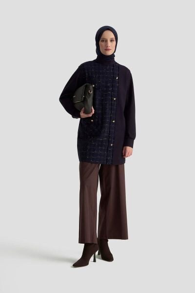 Armine 25KT415 Lacivert Kadın Dokuma Kumaş Gold Düğme Detaylı Fermuarlı Tunik